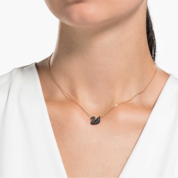 Swarovski Rose Gold- Tone Plated Crystal Black Swan Pendant Necklace New In Box - Picture 1 of 9